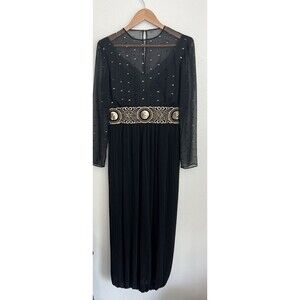 VTG Neiman Marcus Liancarlo Black Sheer Pleated Dress Gold Sequin Gown Long XS
